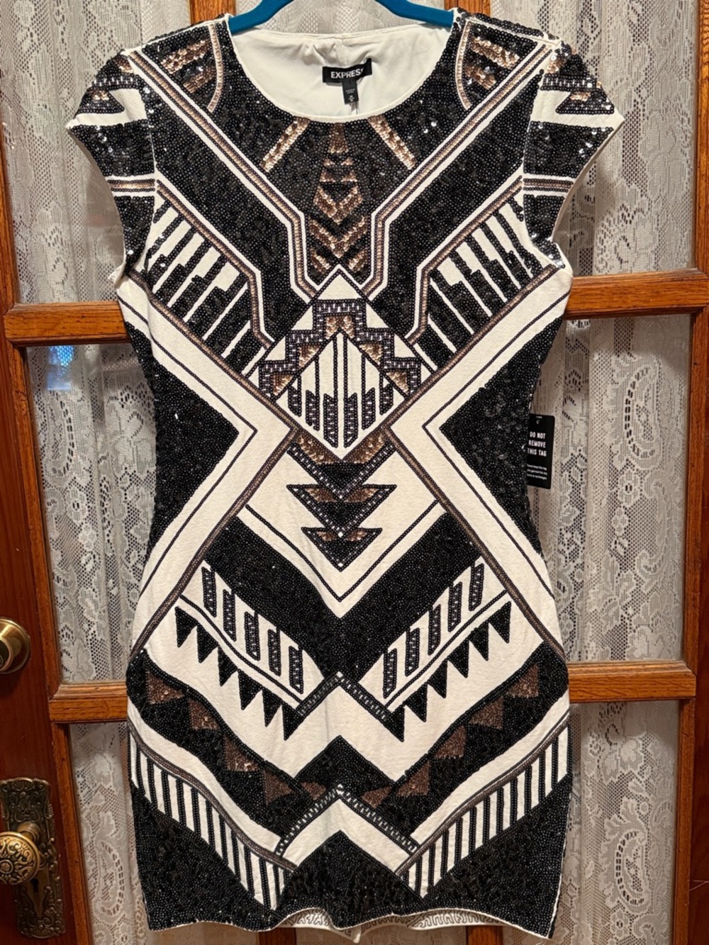 NWT Express Black, White & Gold Sequin Geometric Mini Dress